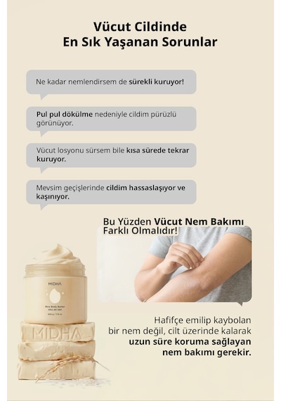 Mıdha Rice Body Butter Cilt Bariyeri Desteği ve Yoğun Nem Sunan Pirinç Özlü Vücut Kremi 500 ML