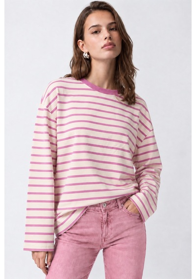 Mixray 2236 Çizgili Bisiklet Yaka Uzun Kol Oversize Sweatshirt Pembe