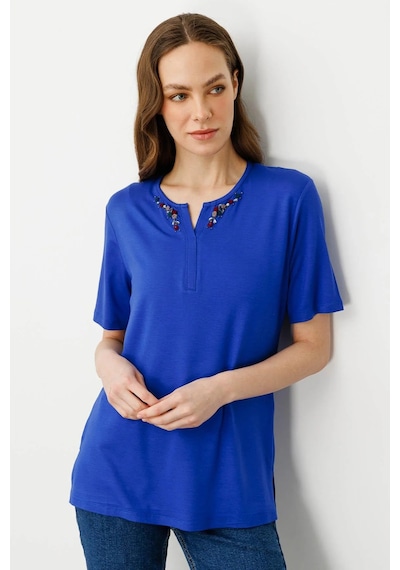 Desen Triko Kadın Açma Yaka Nakış İşlemeli T-shirt 25703 Saks Saks