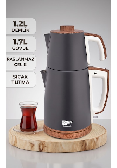 Egetürk Teadem Style Ahşap Görünümlü Çay Makinesi Çaycı 2000w 1.7l Kettle 1.2l Demlik 304 Çelik Gövde Siyah