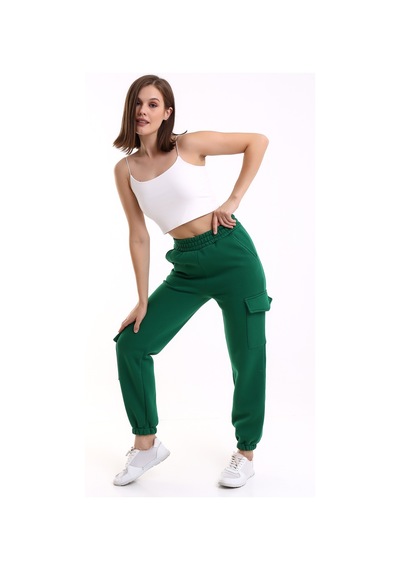 Winmoda34 Kadın Jogger Kalın 3 İplik Yandan Cepli Kargo Eşofman Altı Yeşil
