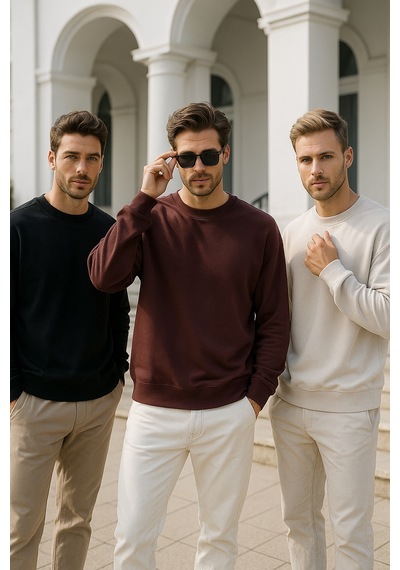 Rich Erkek 3'lü Paket Siyah - Kahverengi - Krem Bisiklet Yaka Scuba Sweatshirt Siyah