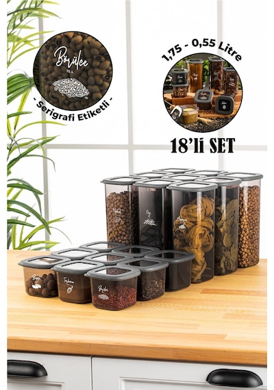 Vienev Foly Serigrafi Etiketli Kare Erzak Saklama Kabı Antrasit 9x 0.55 L + 1.75 L 18'li Antrasit