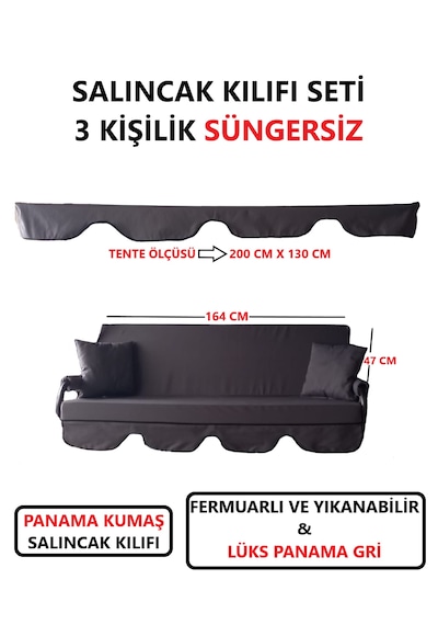 Süngersiz Tenteli Salıncak Kumaş Seti 3kişilik 164x47 Cm Süngersiz Lüx Panama Gri Gri