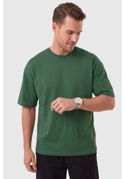 Deepsea Erkek %100 Pamuk Oversize Geniş Kesim Bisiklet Yaka Basic Yeşil Tişört 2604362