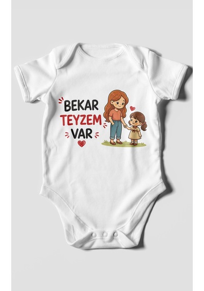 Morivokids Bekar Teyzem Var Kısa Kollu Bebek Body %100 Pamuk Beyaz