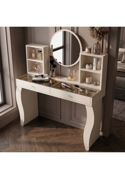 Lotus Camlı Aynalı Makyaj Masası - Krem