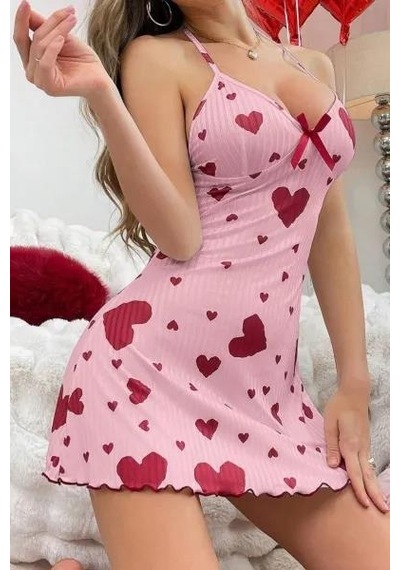 Kadın Pembe Kırmızı Kalp Desenli Askılı Sırt Dekolteli Elbise 5064