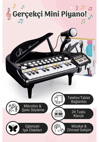 Pembe 24 Tuşlu Mikrofonlu Org Müzik Seti - Telefon Bağlantılı Işıklı Eğitici Çocuk Piyanosu