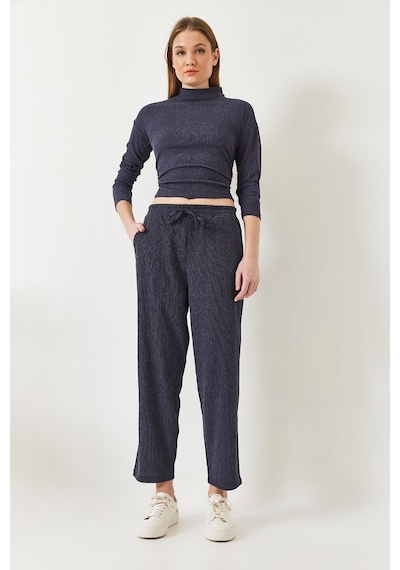 Kadın Crop Bluz Ve Beli Lastikli Pantolonlu Alt Üst Takım 60261363 - Lacivert