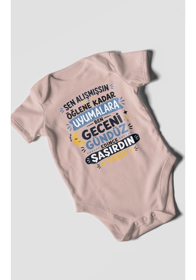Morivokids Sen Alışmışsın Öğlene Yazılı Kısa Kollu Bebek Body %100 Pamuk Pastel Pembe