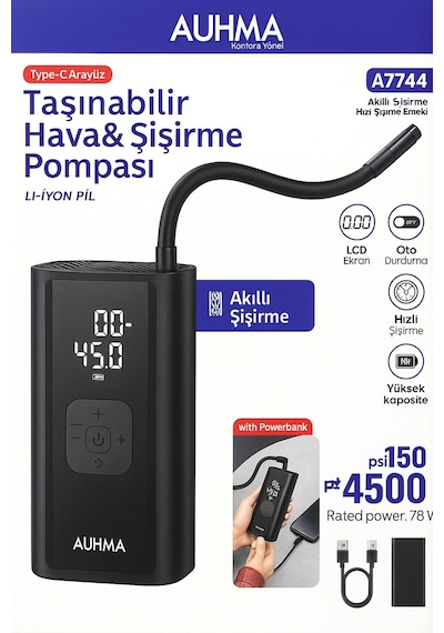 Taşınabilir Dijital Hava Pompası 150 Psı 4500 Mah Kompresör Araba,bisiklet,motor Top & Şişme