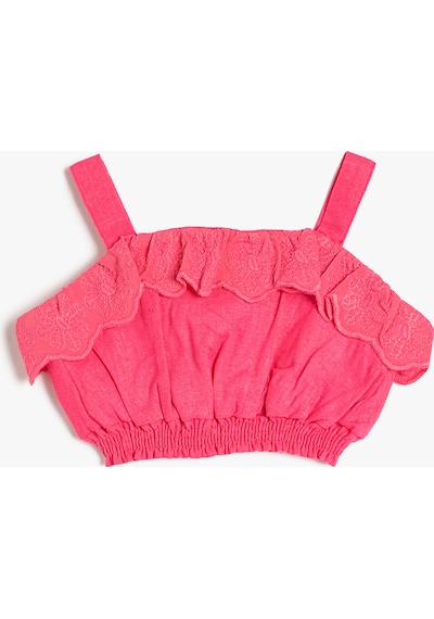 Koton Keten Crop Bluz Slim Askılı Beli Lastikli Fırfırlı Pembe 3smg60010aw 3SMG60010AW294 Pembe
