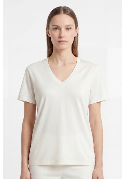Goffra Kadın Vision V Yaka Premium Kalite Yoğun Dokulu Pamuklu T-shirt Krem W102-r0220-02