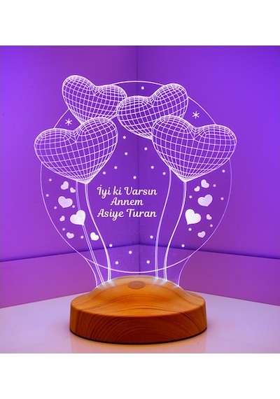 3D Led Lamba 3 Boyutlu Anneler Günü Kişiye Özel Balon Kalp Küre