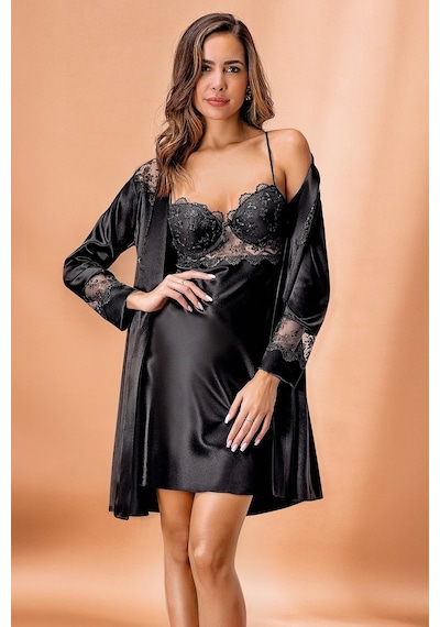 Nurteks Kaplı Saten Siyah Kimono Takım 5384 Siyah