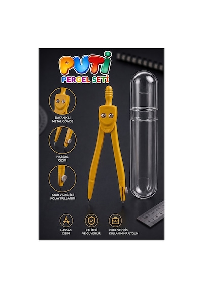 Sarı Metal Pergel 1 Adet Puti 1574 Koruma Kutulu Metal Pergel Grafit Uçlu Mekanik Pergel Matematik Teknik Mimari Çizim