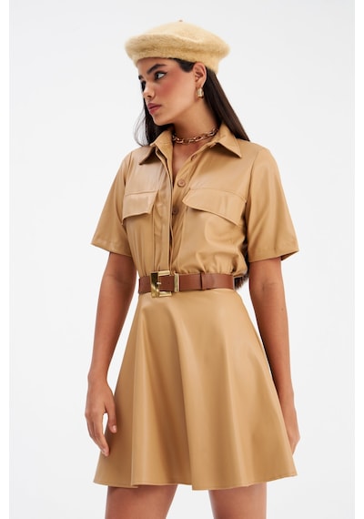 Sateen Kloş Mini Deri Etek - Bej