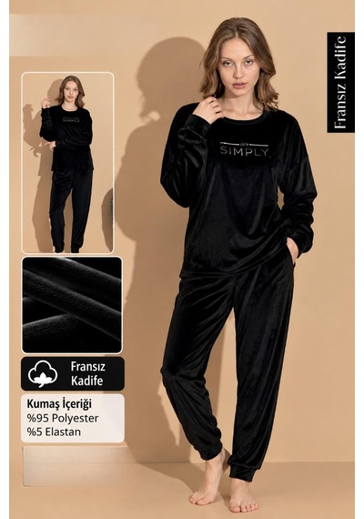 Boyraz Kadın Kışlık Fransız Kadife Bisiklet Yaka Uzun Kol Pijama Takımı 03412- 1 Adet Siyah Boyraz Kadın Kışlık Fransız Kadife Bisiklet Yaka Uzun Kol Pijama Takımı 03412- 1 Adet Siyah