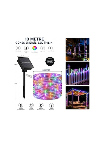 10 Metre Güneş Enerjili Rgb Led Hortum Işık Kumandalı Su Geçirmez Bahçe Balkon Dış Mekan Aydınlatma Diğer