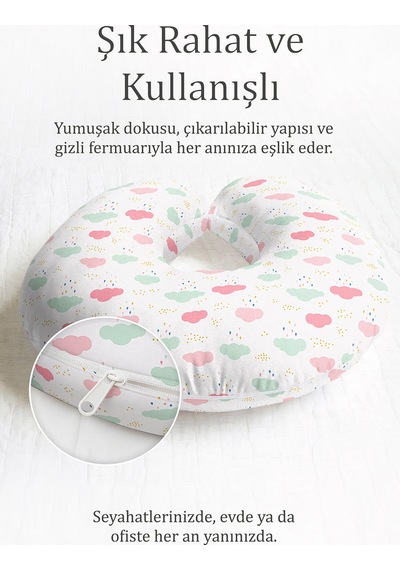 Renkli Bulut Desenli Pamuklu Boyun Yastığı - Pastel Yeşil Pembe Yumuşak Seyahat Yastığı Tozlu Orman Erik