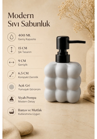 Modern Bubble Sıvı Sabunluk 400 Ml Siyah Pompalı Kabarcık Desenli Banyo Ve Mutfak Tezgâh Üstü Dispenser - 15 Cm X 9 Cm X 6,5 Cm Gri