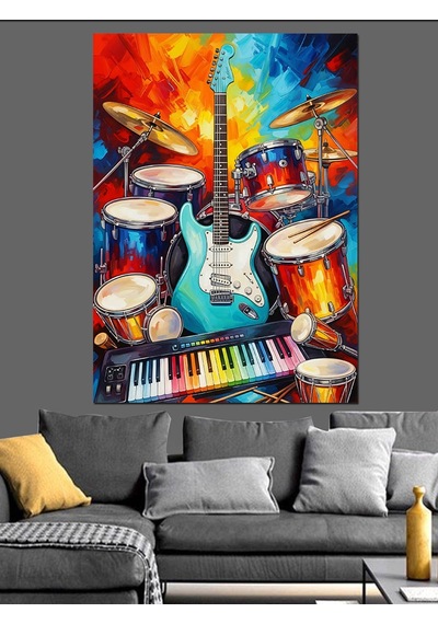 Ahşap Tablo Renkli Bateri Ve Gitar