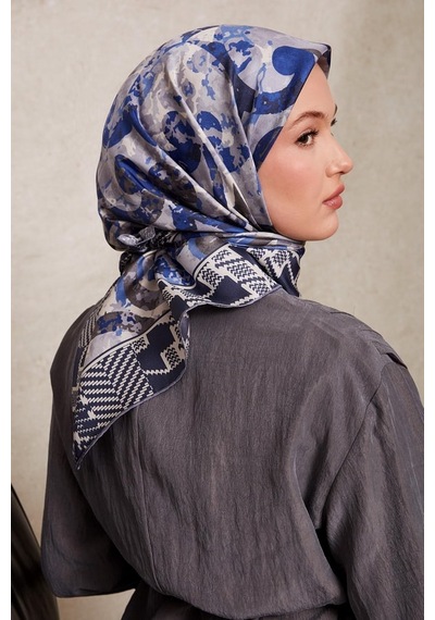 Levidor Desenli Twill İpek Eşarp-0918 İndigo