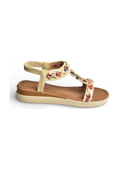 Fox Shoes Y274801409 Bej Düz Tabanlı Renkli Taş Detaylı Kadın Sandalet Bej