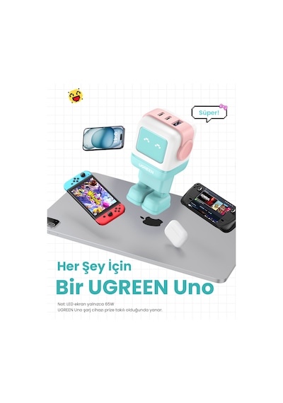 Ugreen Nexode Uno 65w Robot Gan Hızlı Şarj Cihazı 2xusb-c, 1xusb-a, Renkli, 35855