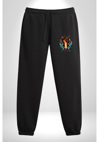 Angemiel At Kafası Renkli Pamuklu 3 İplik Siyah Eşofman Altı Erkek Oversize Kesim Dijital Baskılı Siyah
