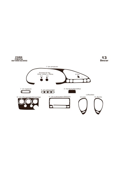 Ford Fiesta Torpido Kaplama 1999-2002 13 Parça Koyu Meşe