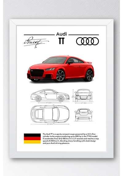 Audi Tt Tablo - Teknik Özellikli Alman Spor Coupe Poster - Çerçeveli Duvar Dekoru - Araba Blueprint Beyaz