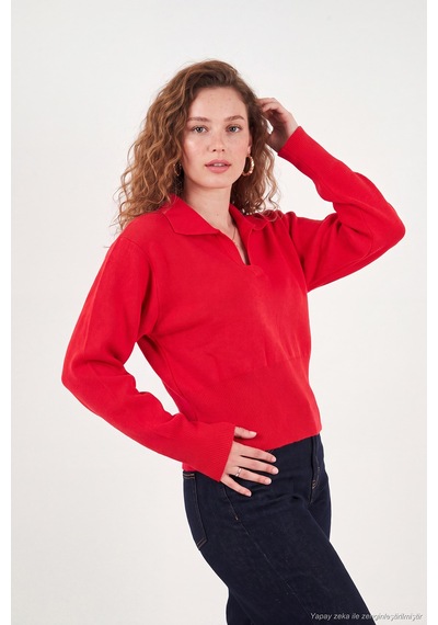 Lela Yumuşak Dokulu Regular Fit Polo Yaka Kazak Kadın Kazak 680kz00163 Kırmızı