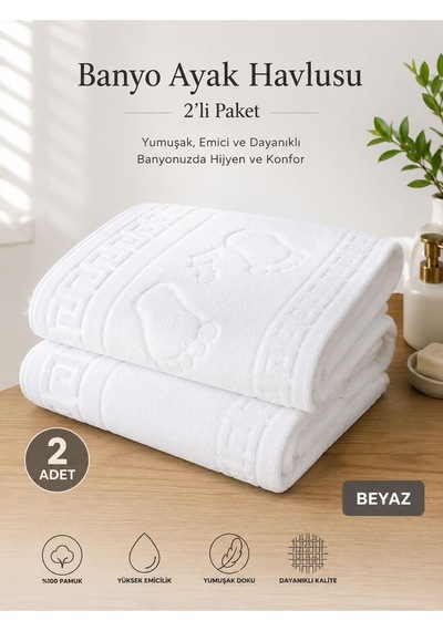 2 Li Ayak İzli Banyo Paspas 100 Pamuklu Ayak Havlusu 50x70 Cm Beyaz