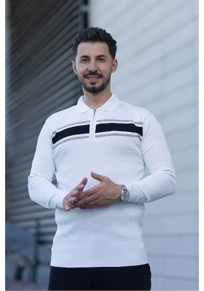 Hk Premium Kazak Polo Yaka Fermuarlı Şerit Detaylı Triko Beyaz