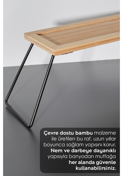 Dekoratif Bambu Raf - Mutfak Banyo Düzenleyici Aksesuar Organizeri Makyaj Parfüm Standı 36x12 Cm Bej