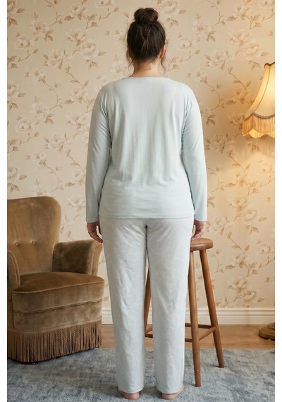 Siyah İnci Yeşil Desenli Büyük Beden Battal Boy Viskon Örme Pijama Takım 26224828