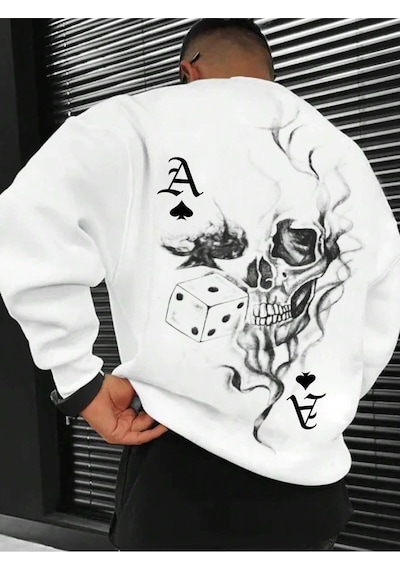 Startmore Extended Sizes Plus Playing Card & Skull Print Drop Shoulder Sweatshirt Beyaz Beyaz