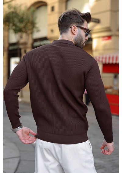 Madmext Kahverengi Polo Yaka Yarım Fermuarlı Dokulu Erkek Triko Kazak E7510