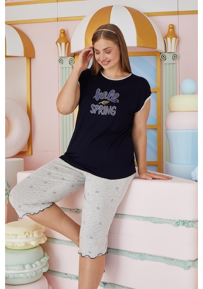 Sevim Kadın Büyük Beden Kısa Kol Kapri Lacivert Pijama Takım C2t4n7o51 001