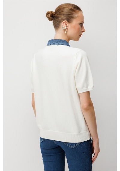 On Kadın Denim Detaylı Kısa Kollu Triko Hırka 10509 Ekru