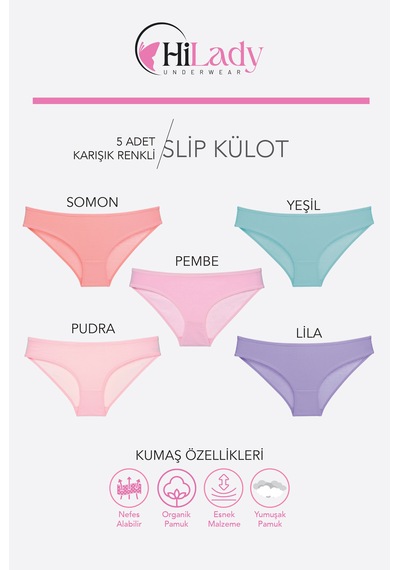 Kadın Külot, 5li Paket Karışık Renkli Slip Külot Rahat Pamuklu Yumuşak Kumaş Açık Pembe
