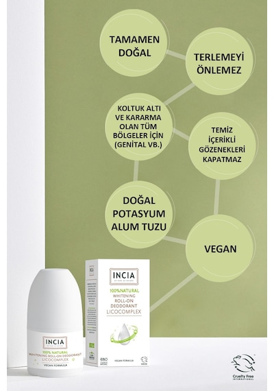 INCIA %100 Doğal Roll On Deodorant Beyazlatıcı Ter Kokusu Önleyici Lekesiz 2 x 50 ML