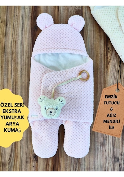 Bebek Battaniyesi Ekstra Yumuşak Dış Kundak Oyuncaklı Kapşonlu Ayıcık Kulaklı Ayaklı Uyku Tulumu Pembe