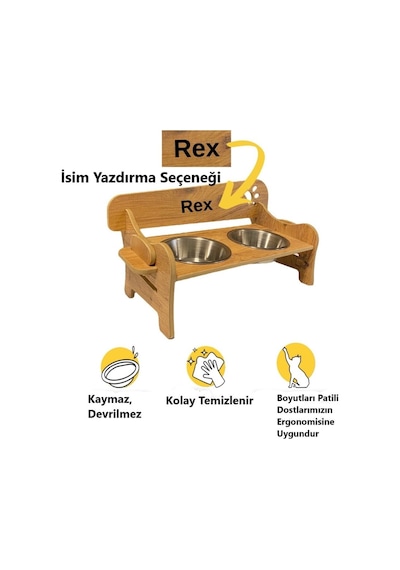 Özel Isim Baskılı, Ahşap, Kademeli, Eğimli, Çelik Kaseli, Kedi-köpek Mama Ve Su Kabı Stantı