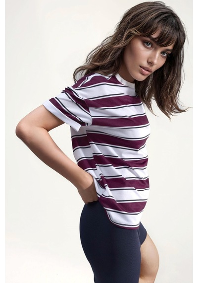 Hiccup Çizgili Bisiklet Yaka Oversize Tişört Kırmızı
