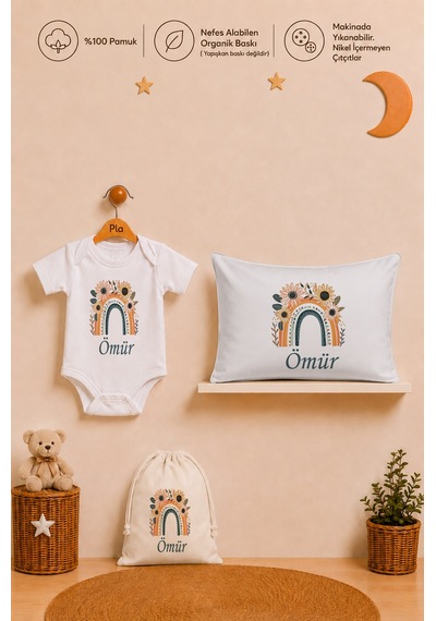 Pia Baby İsme Özel Kız Bebek Hediyesi %100 Pamuk Organik Baskılı Body Yastık Kılıfı Ve Ham Bez Kıyafet Kesesi 1004byk3x Ekru