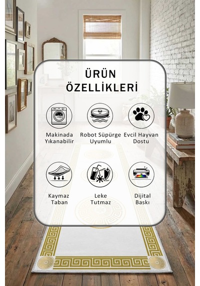 Golday Dijital Baskılı Kaymaz Yıkanabilir Yolluk Gold