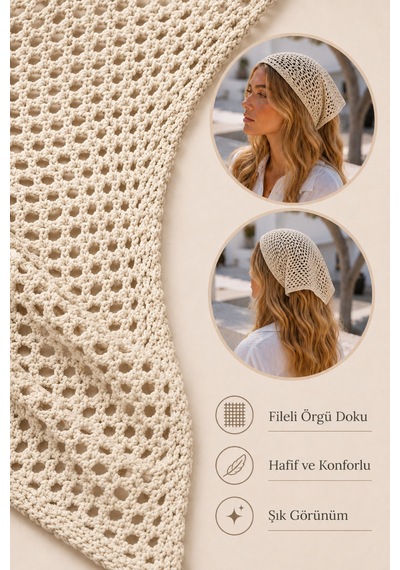 Krem Fileli Örgü Bandana Kadın Bağlamalı Saç Bandı Hafif Esnek Günlük Bandana Krem - 884327932 Krem